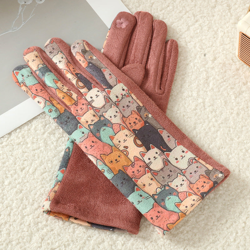 Cat and Dog Print Fleece Lined Gloves - Color_3