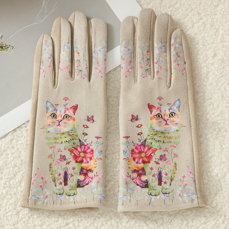 Cat and Dog Print Fleece Lined Gloves - Color_4