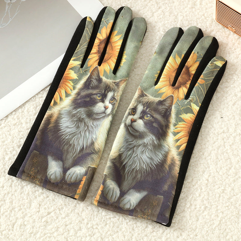 Cat and Dog Print Fleece Lined Gloves - Color_5