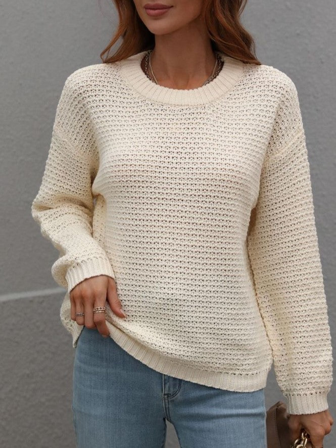 Waffle Knit Crewneck Drop Shoulder Sweater - Apricot - 1