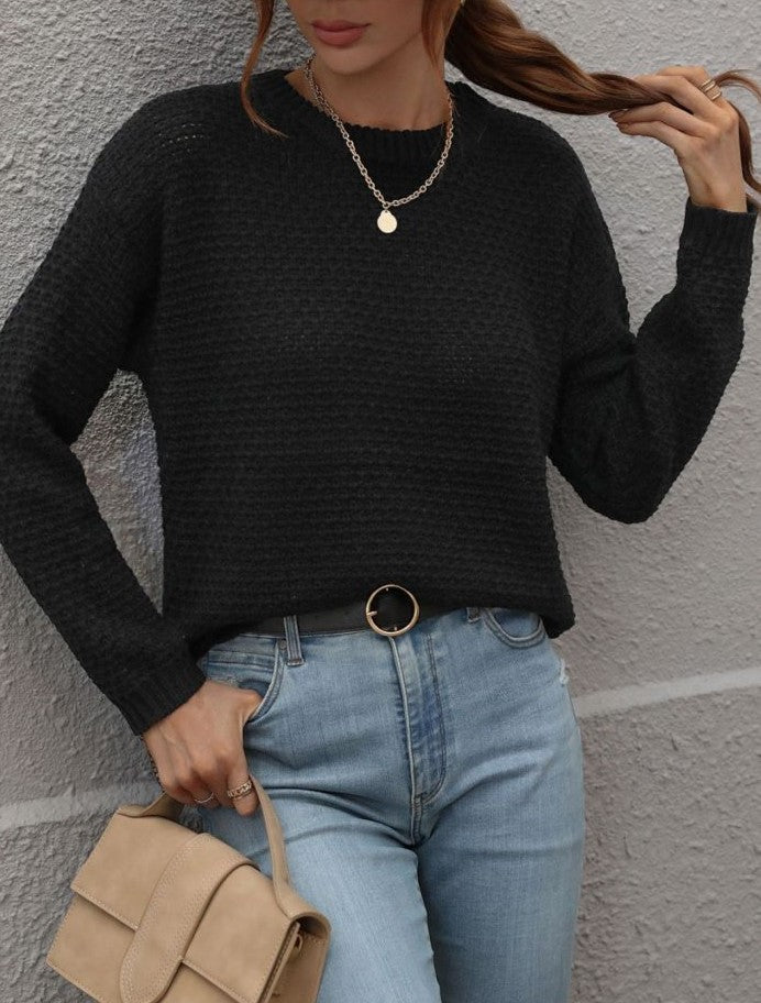 Waffle Knit Crewneck Drop Shoulder Sweater - Black