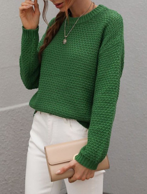 Waffle Knit Crewneck Drop Shoulder Sweater - Green - 1
