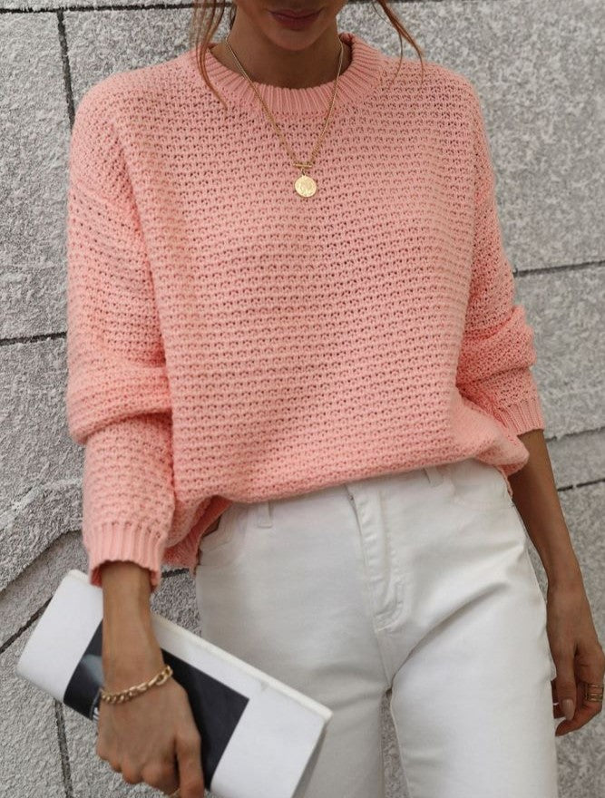 Waffle Knit Crewneck Drop Shoulder Sweater - Pink - 1