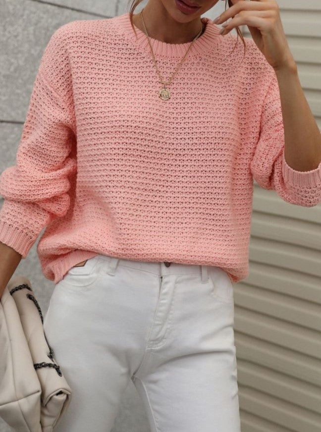 Waffle Knit Crewneck Drop Shoulder Sweater - Pink - 2