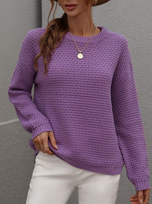 Waffle Knit Crewneck Drop Shoulder Sweater - Purple