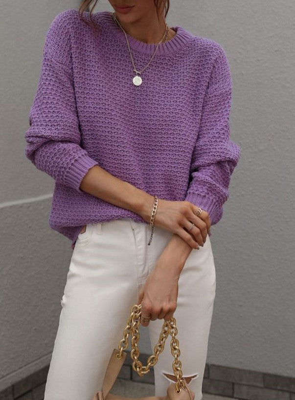 Waffle Knit Crewneck Drop Shoulder Sweater - Purple - 1