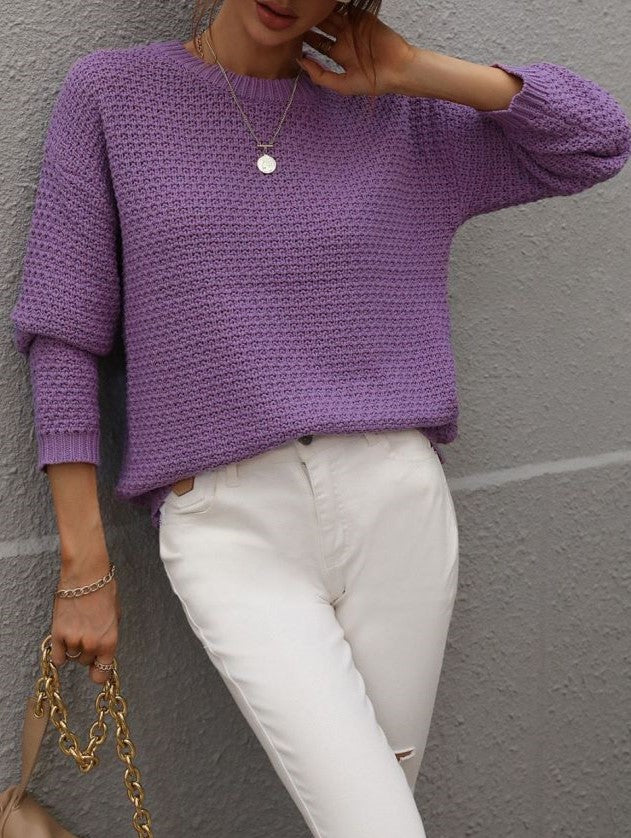 Waffle Knit Crewneck Drop Shoulder Sweater - Purple - 2