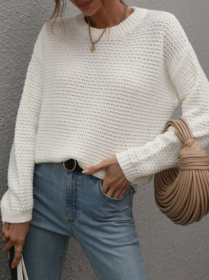 Waffle Knit Crewneck Drop Shoulder Sweater - White - 2