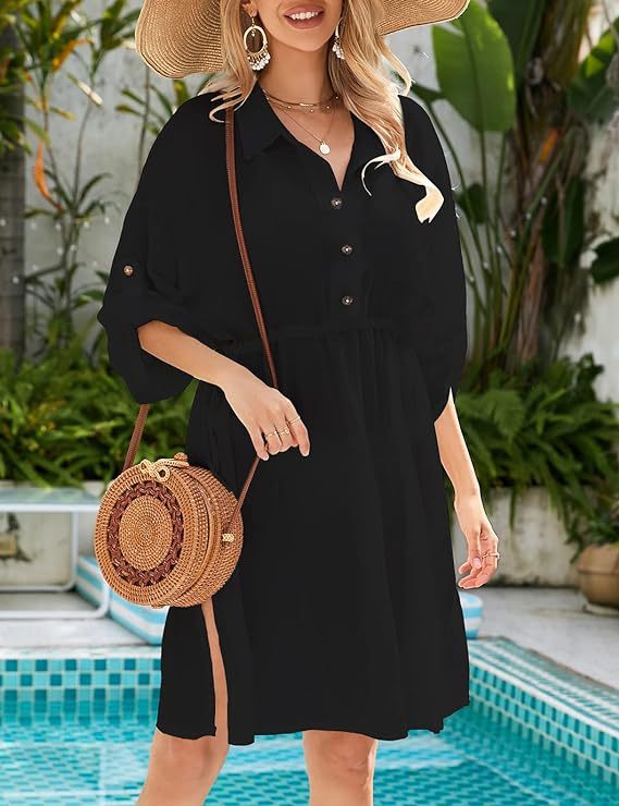 Button Front Drawstring Beach Shirt Dress - Black