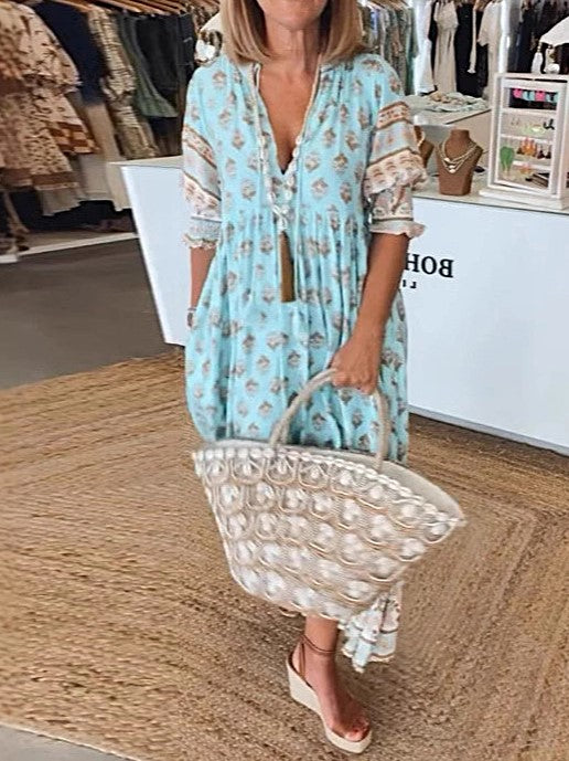 Boho Block Print Balloon Sleeve Maxi Dress - Blue