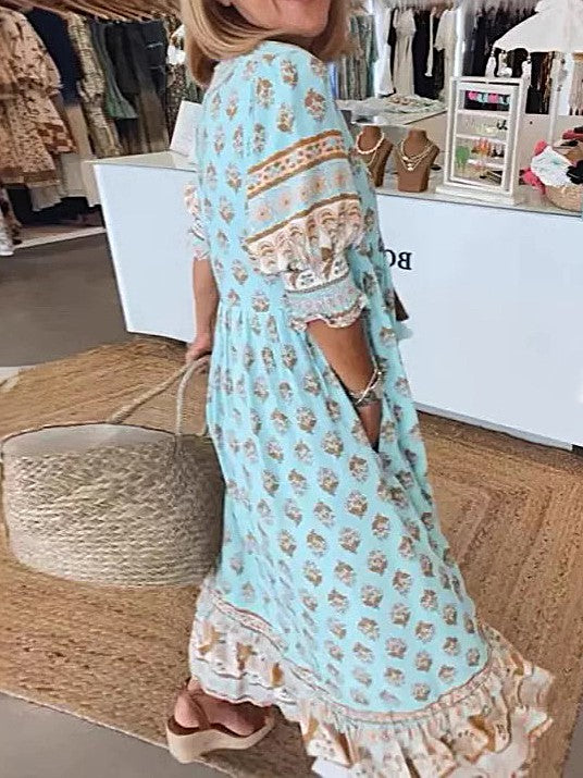 Boho Block Print Balloon Sleeve Maxi Dress - Blue - 1