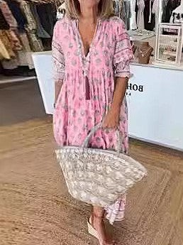 Boho Block Print Balloon Sleeve Maxi Dress - Pink