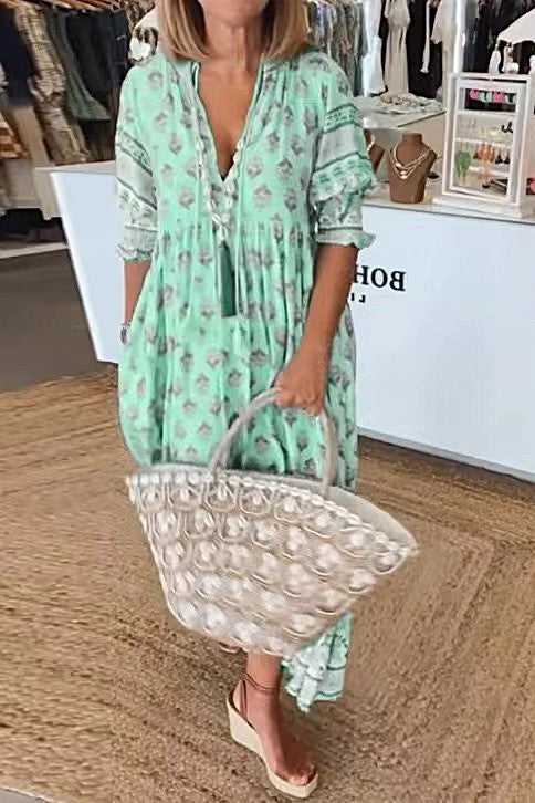 Boho Block Print Balloon Sleeve Maxi Dress - Turquoise