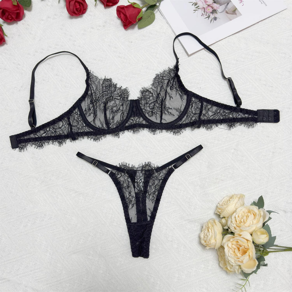 Eyelash Lace Underwire Bra And Thong Set - Black