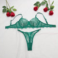 Eyelash Lace Underwire Bra And Thong Set - Emerald
