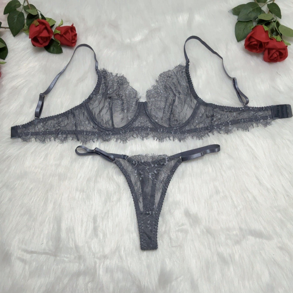 Eyelash Lace Underwire Bra And Thong Set - Gray