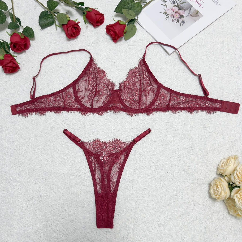 Eyelash Lace Underwire Bra And Thong Set