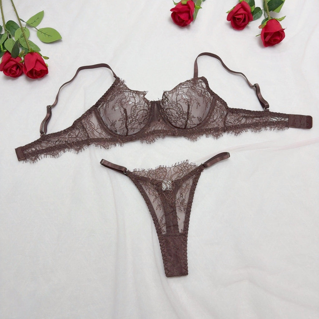 Eyelash Lace Underwire Bra And Thong Set