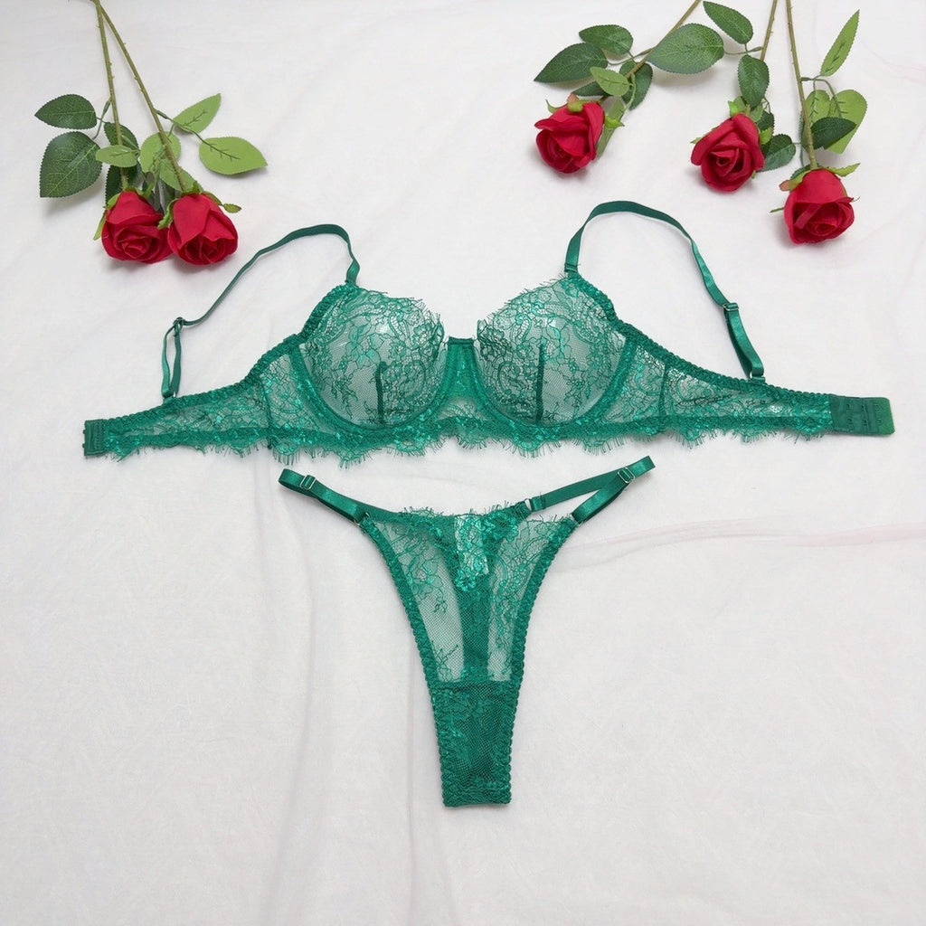 Eyelash Lace Underwire Bra And Thong Set