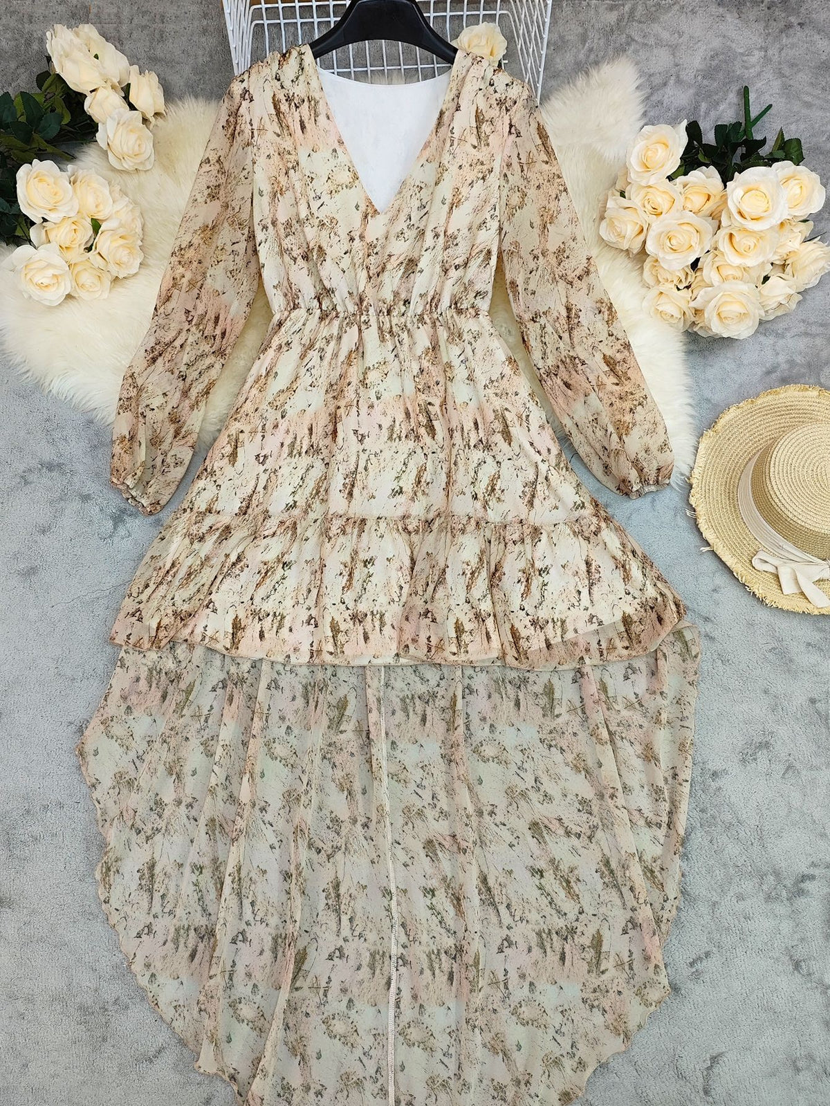 Floral Ruffle Tiered High Low Boho Dress - Apricot