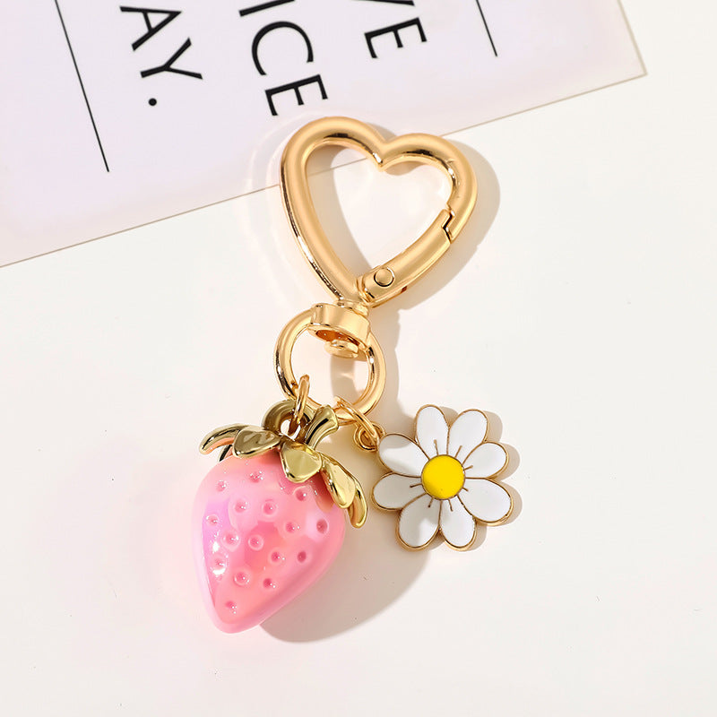 Strawberry Daisy Heart Clip Keychain - Pink02
