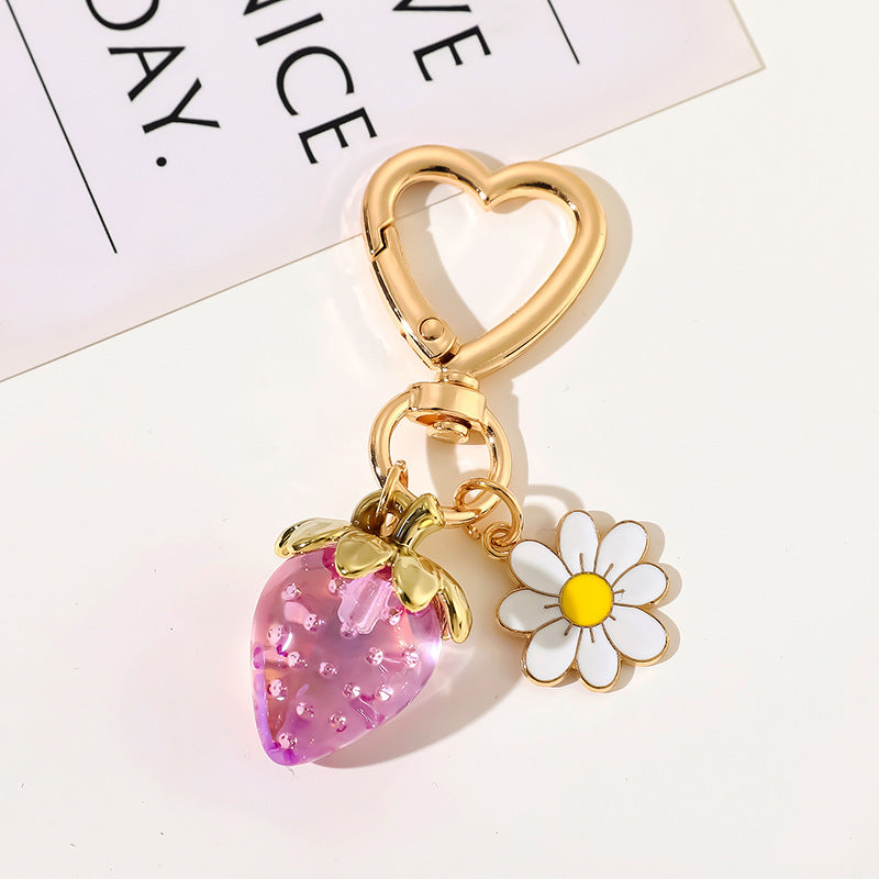Strawberry Daisy Heart Clip Keychain - Purple