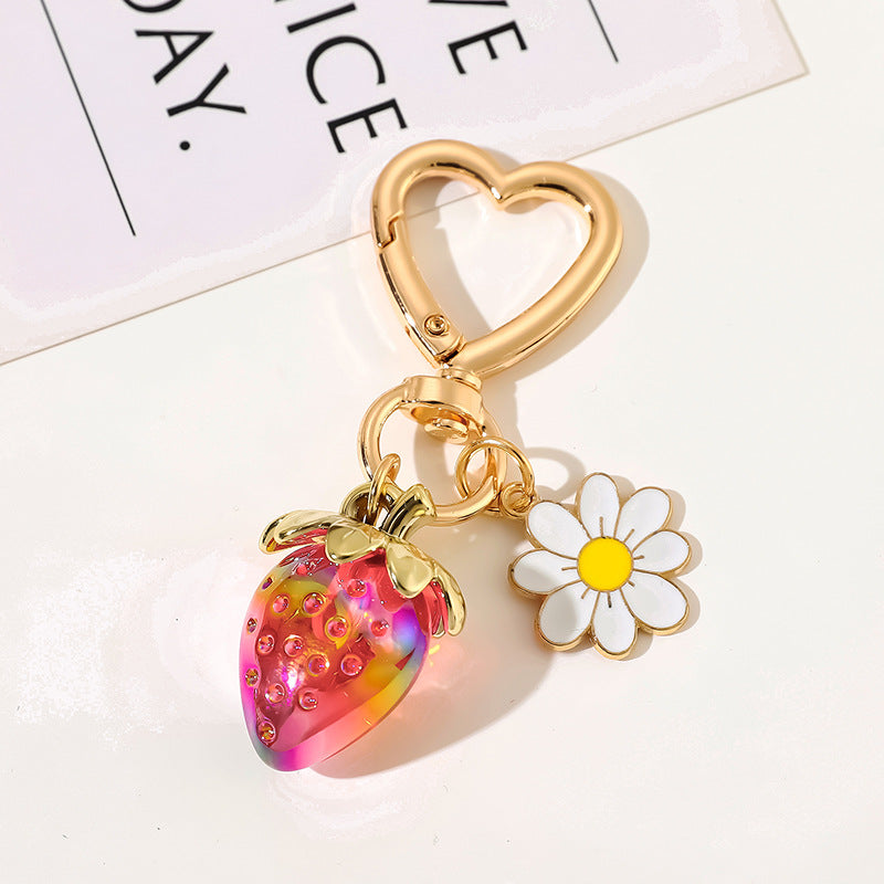 Strawberry Daisy Heart Clip Keychain - Red