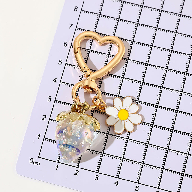 Strawberry Daisy Heart Clip Keychain - White