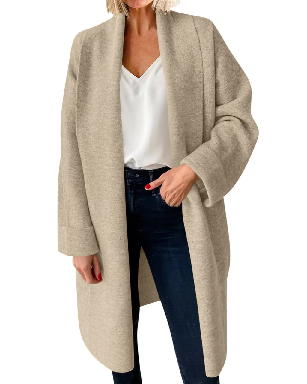 Longline Open Front Collarless Cardigan - Apricot