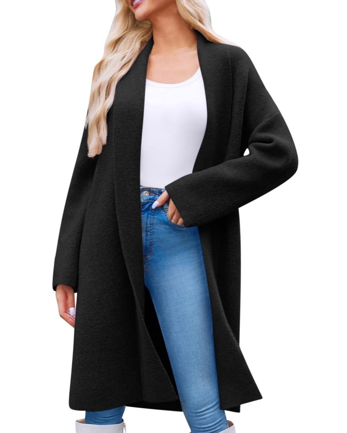 Longline Open Front Collarless Cardigan - Black