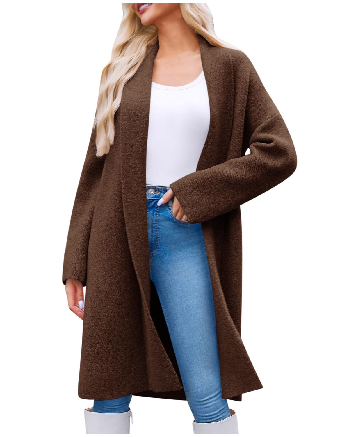 Longline Open Front Collarless Cardigan - Brown