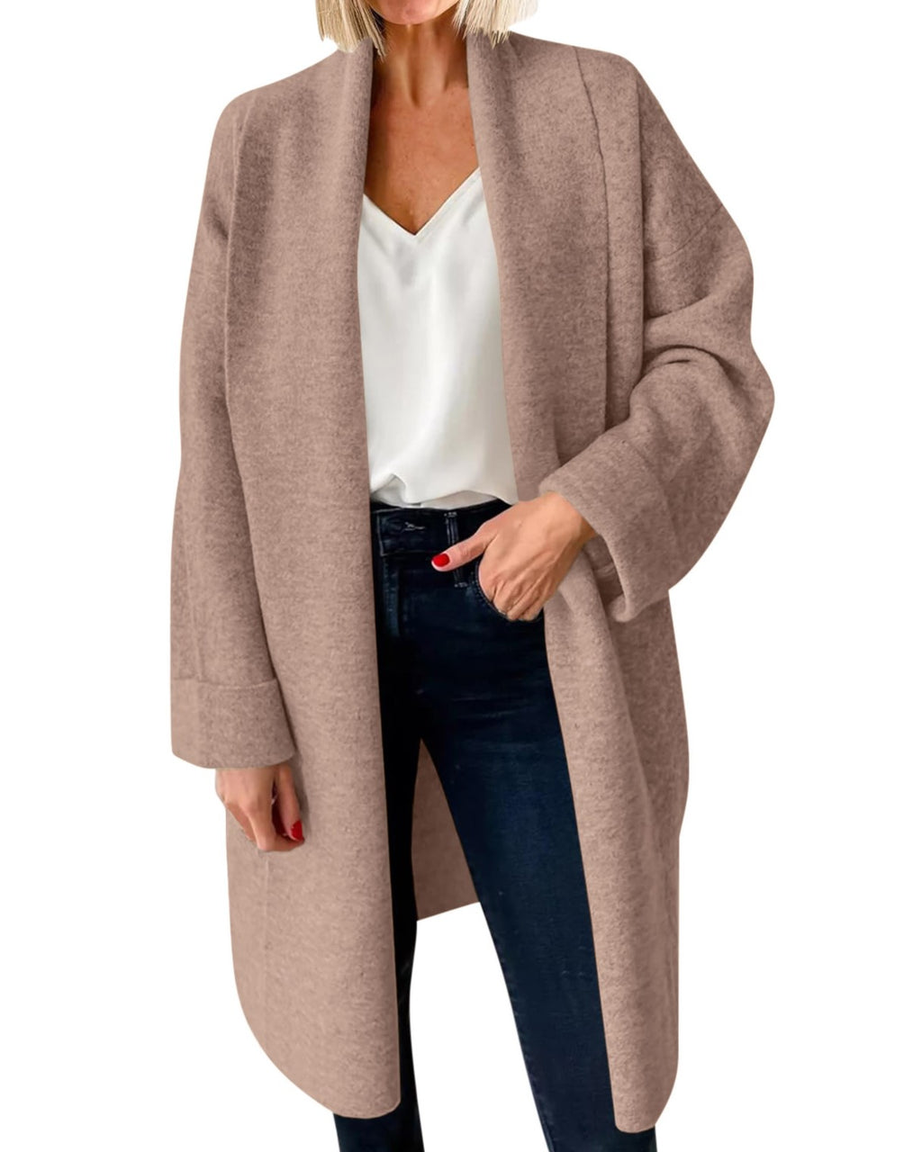 Longline Open Front Collarless Cardigan - Camel