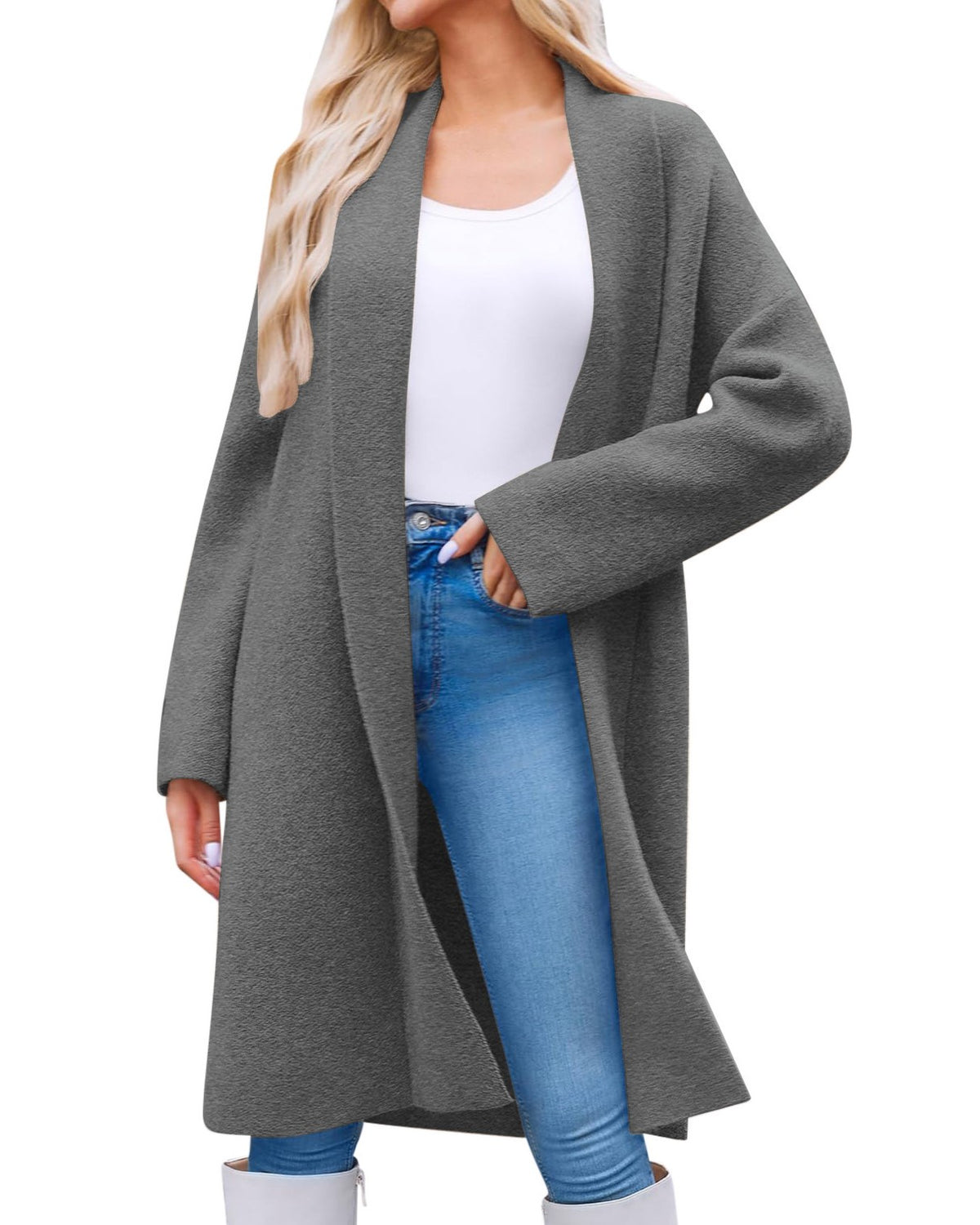 Longline Open Front Collarless Cardigan - DarkGrey