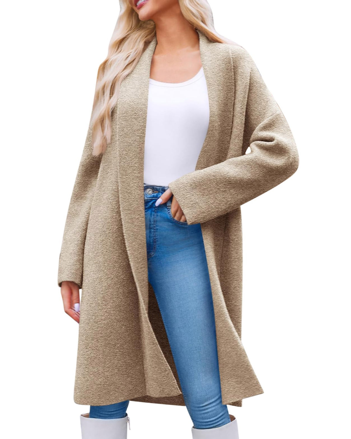 Longline Open Front Collarless Cardigan - Khaki