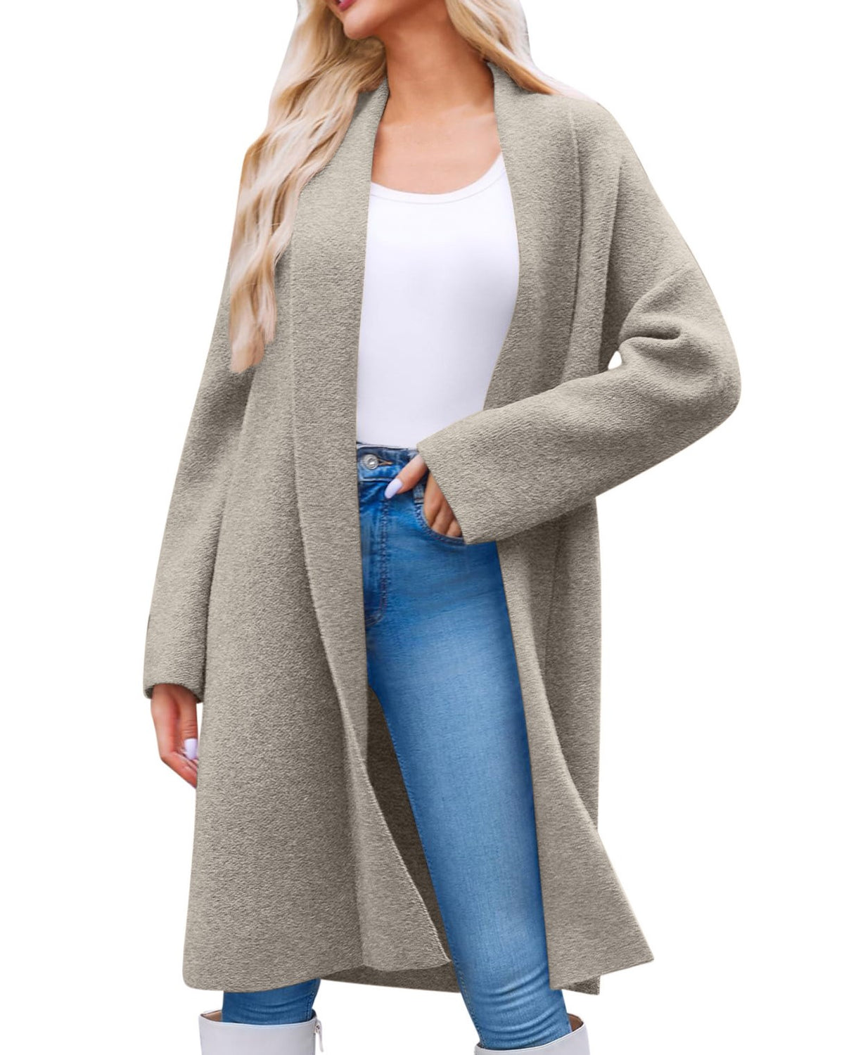 Longline Open Front Collarless Cardigan - Oats