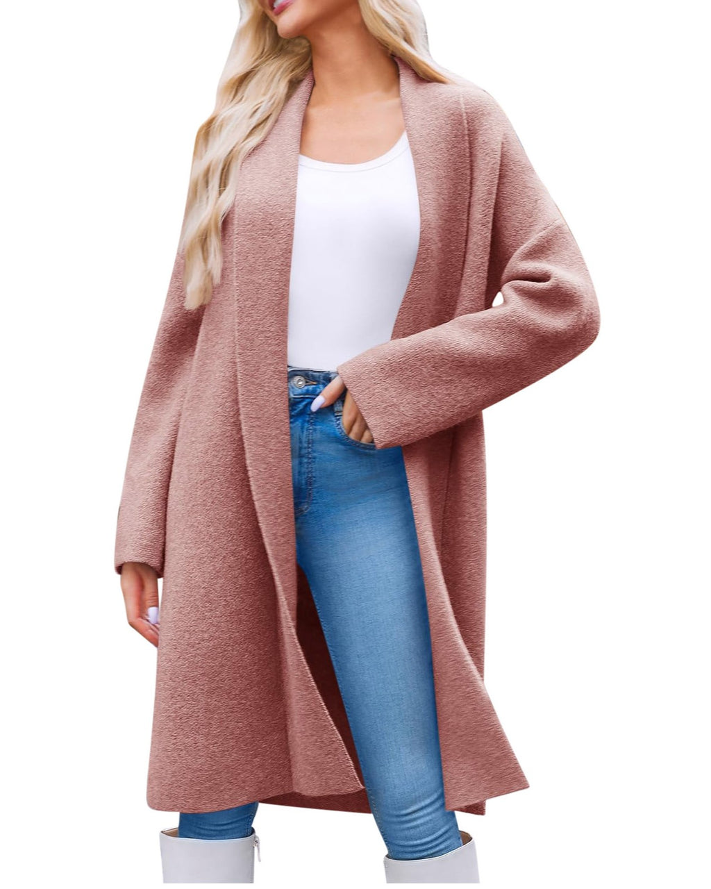 Longline Open Front Collarless Cardigan - Pink