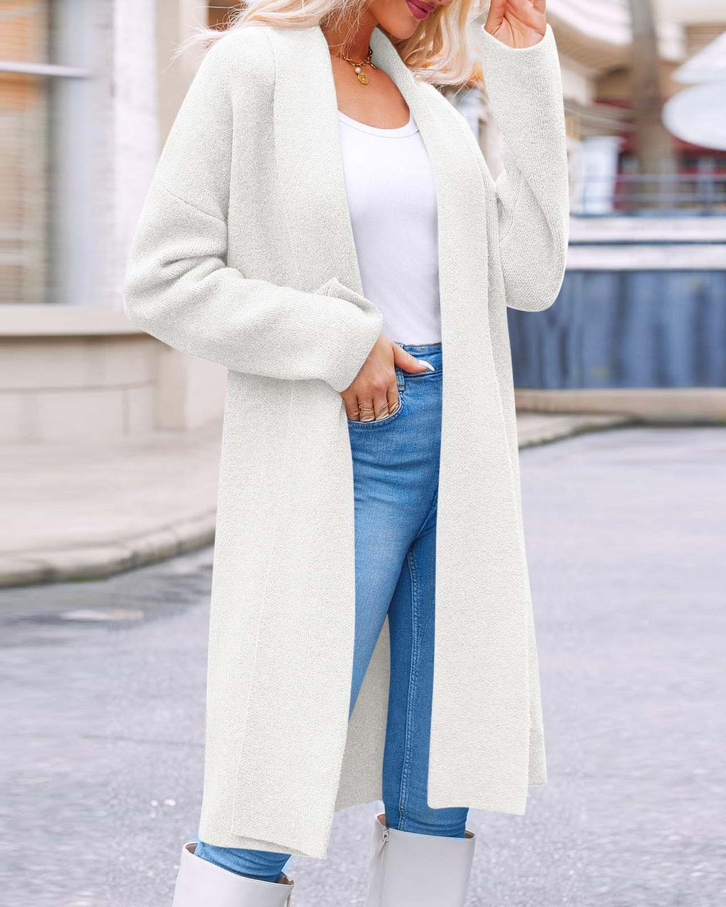 Longline Open Front Collarless Cardigan - White - 2