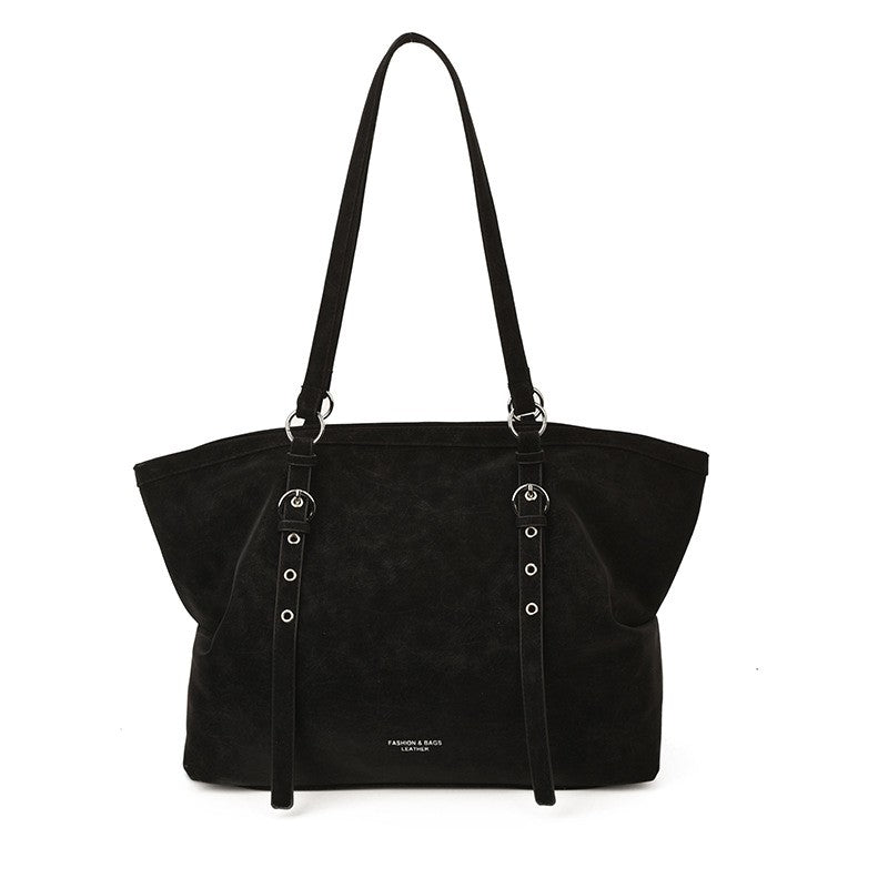 Faux Suede Buckle Strap Slouchy Tote Bag - Black