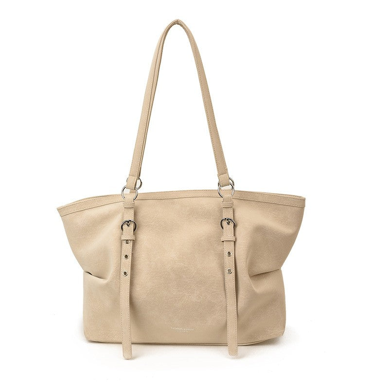 Faux Suede Buckle Strap Slouchy Tote Bag - Cream