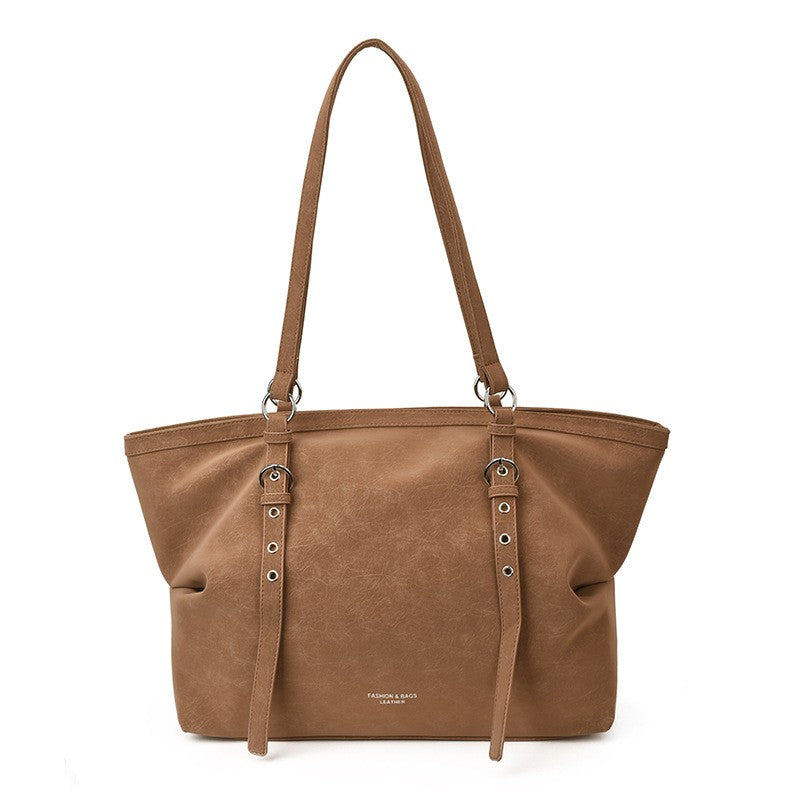 Faux Suede Buckle Strap Slouchy Tote Bag - Tan