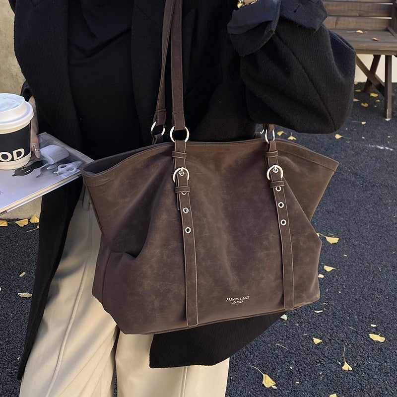Faux Suede Buckle Strap Slouchy Tote Bag