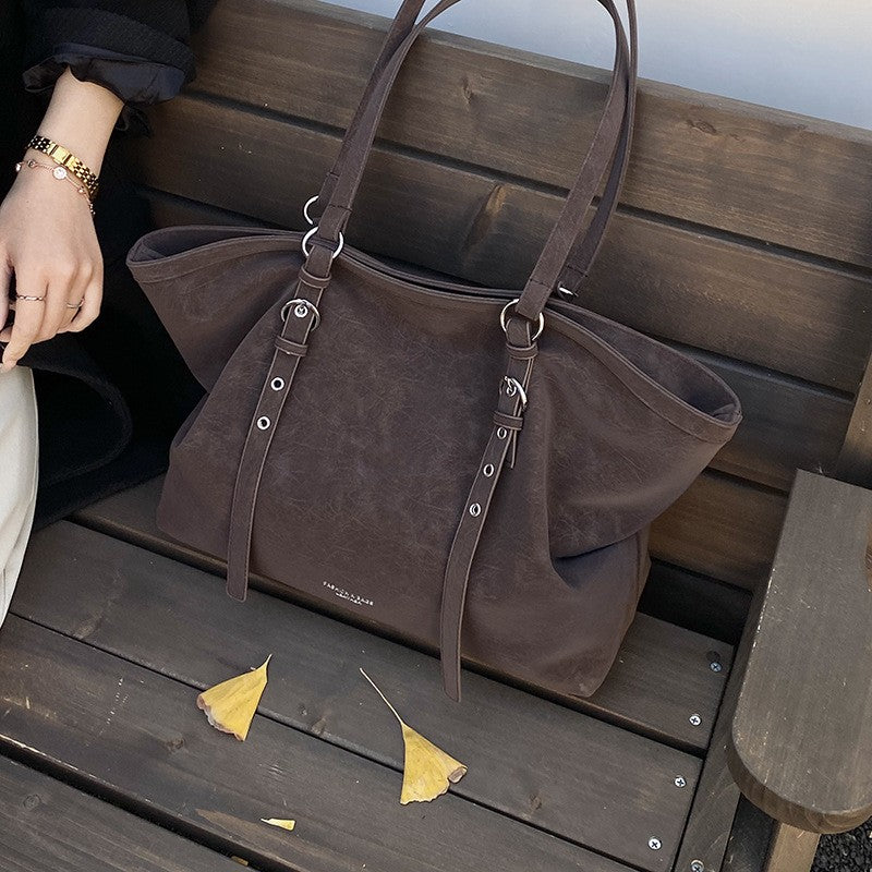 Faux Suede Buckle Strap Slouchy Tote Bag