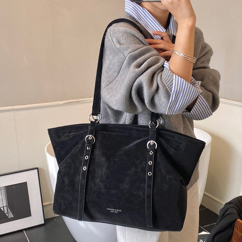 Faux Suede Buckle Strap Slouchy Tote Bag