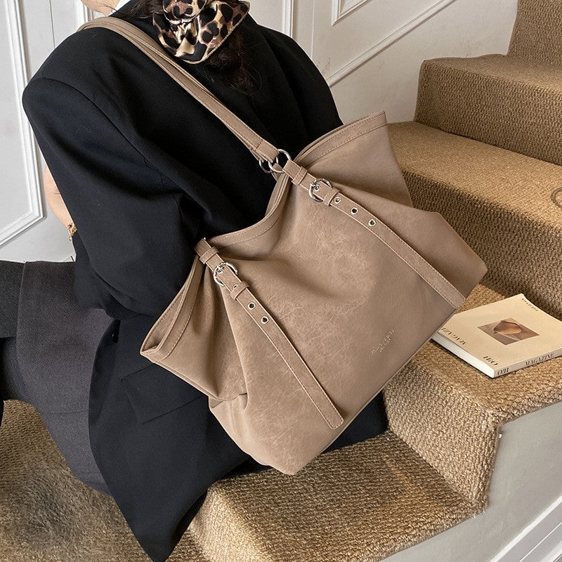 Faux Suede Buckle Strap Slouchy Tote Bag