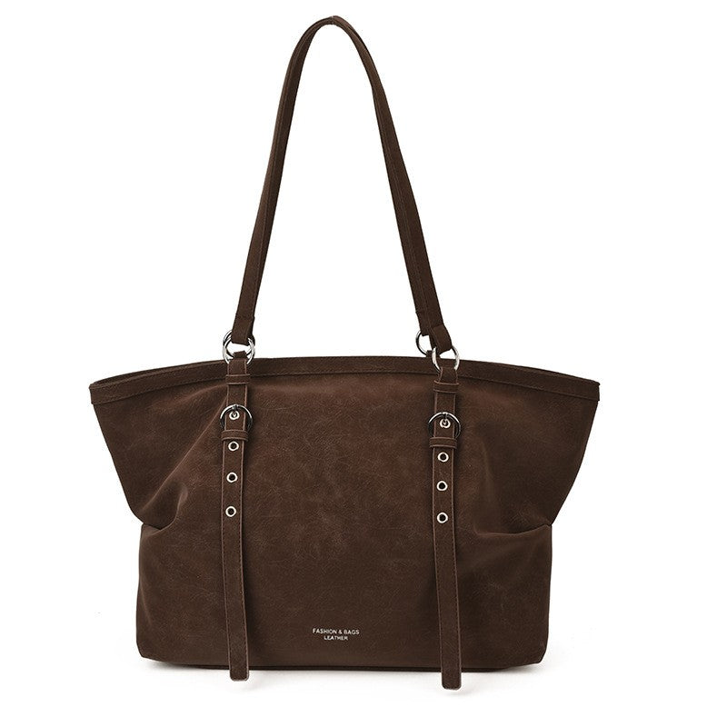 Faux Suede Buckle Strap Slouchy Tote Bag