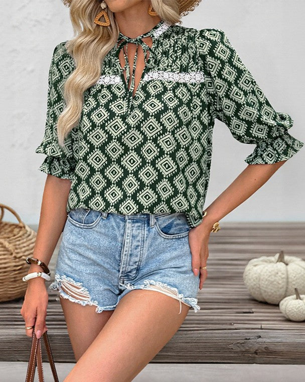 Geometric Print Ruffle Sleeve Shirt - Green
