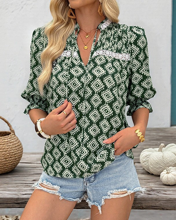 Geometric Print Ruffle Sleeve Shirt - Green - 1