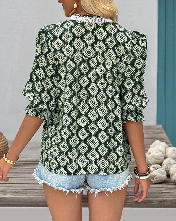 Geometric Print Ruffle Sleeve Shirt - Green - 3