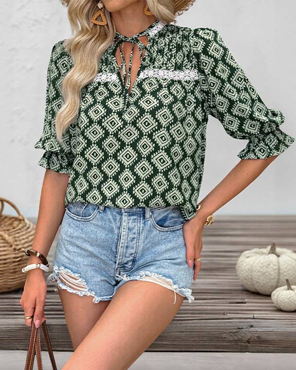 Geometric Print Ruffle Sleeve Shirt