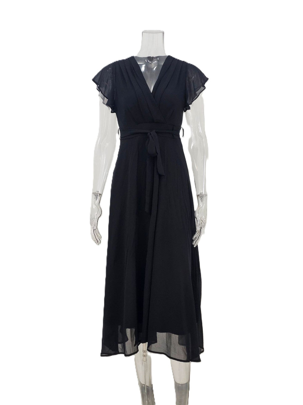 Watercolor Floral Midi Dress With Tie Waist - Black
